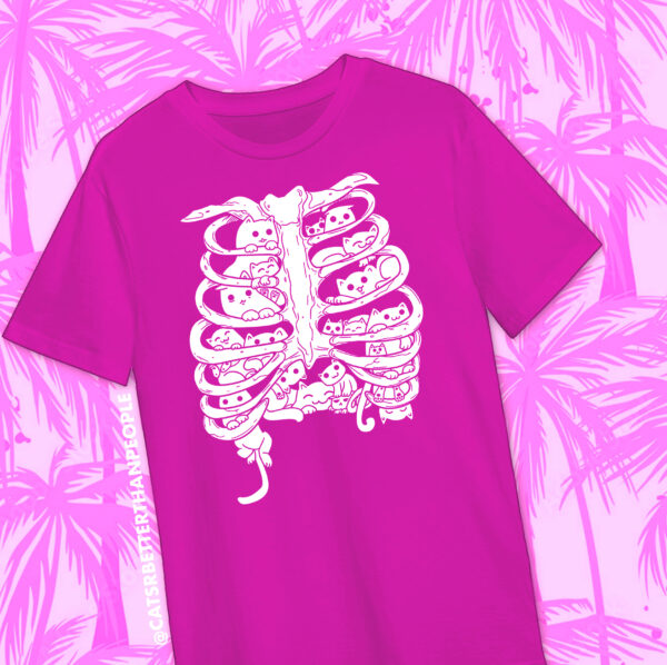 Hot PInk Tshirt with Ribcage full of kitties in white.